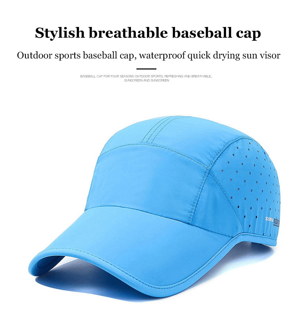 Outdoor sports waterproof breathable adjustable blue baseball cap with sun visor, ideal for any adventure. Stylish and functional headwear.